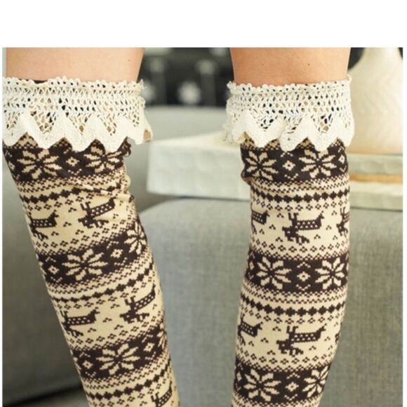 A’reve Brown White Lace Top Leg Warmers Sz M/L - Picture 4 of 4
